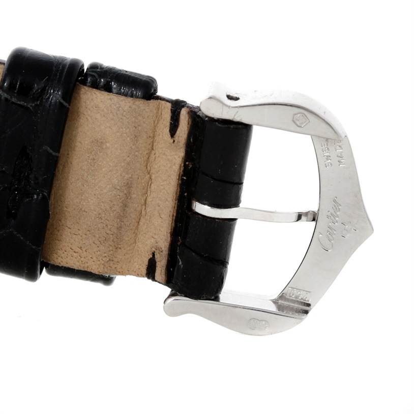 This image shows the buckle and part of the leather strap of a Cartier Pasha WJ11902G Women's White Gold Silver Dial WJ11902G Women's White Gold Silver Dial model watch from a side angle.