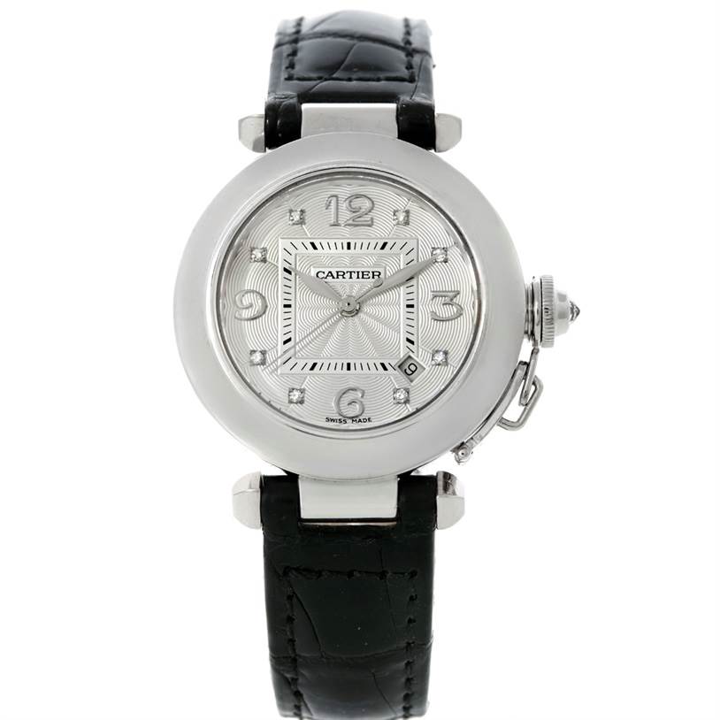 The image shows a front view of the Cartier Pasha WJ11902G Women's White Gold Silver Dial WJ11902G Women's White Gold Silver Dial watch, displaying its dial, hands, case, and leather strap.