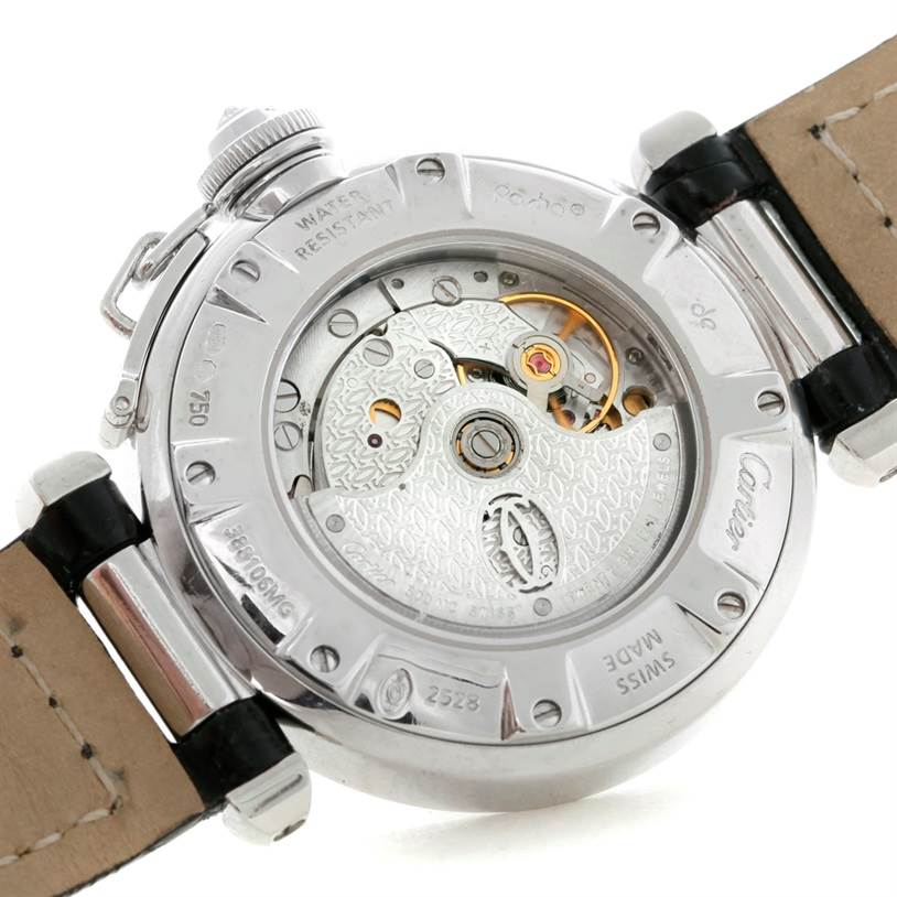 The image shows the back view of the Cartier Pasha WJ11902G Women's White Gold Silver Dial WJ11902G Women's White Gold Silver Dial watch, highlighting its mechanical movement.