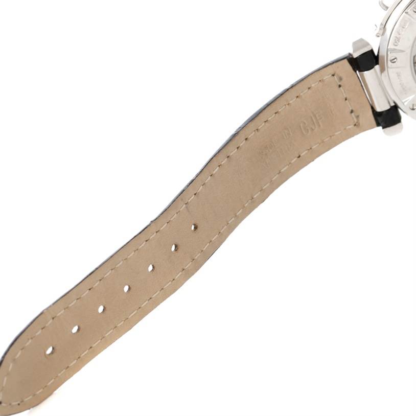 This image shows the reverse side of the leather strap and part of the clasp of a Cartier Pasha WJ11902G Women's White Gold Silver Dial WJ11902G Women's White Gold Silver Dial watch.