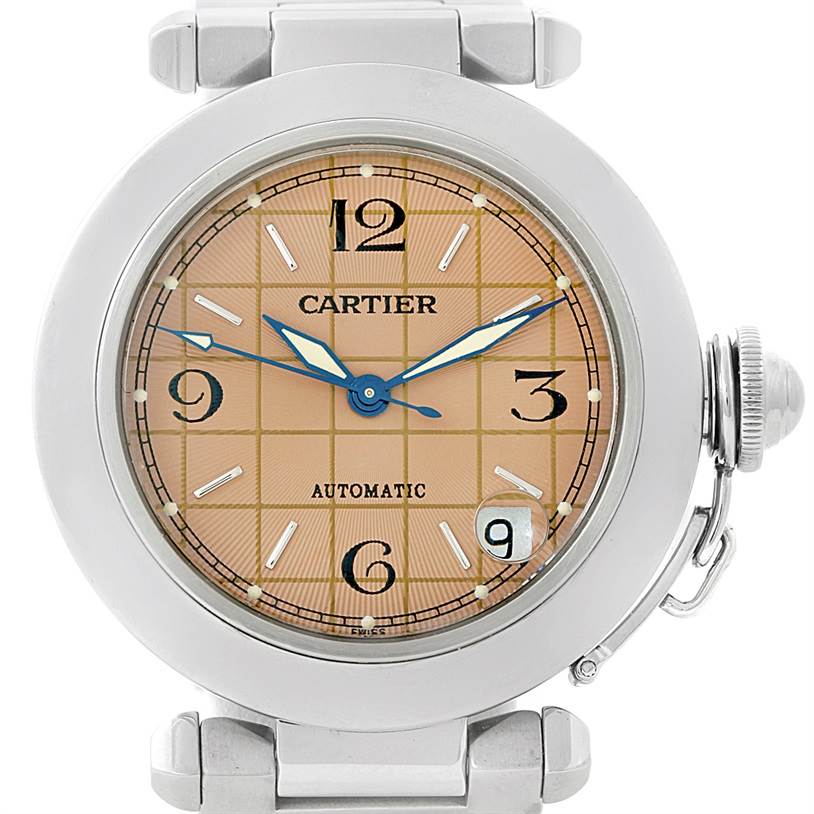 The image shows a front view of the Cartier Pasha W31023M7 Stainless Steel Pink Dial W31023M7 Stainless Steel Pink Dial watch, highlighting its dial, hands, crown, and part of the bracelet.