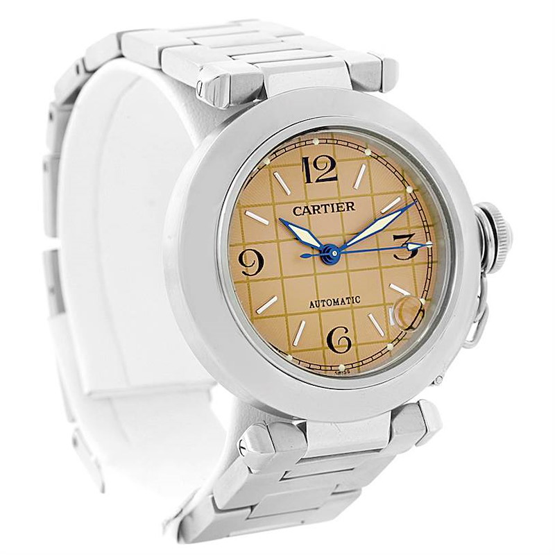 Cartier Pasha C Steel Salmon Grid Dial Watch W31023M7 SwissWatchExpo