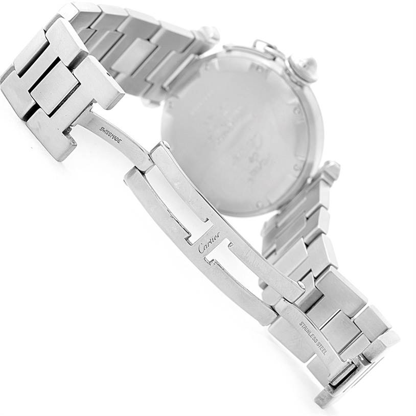 The image shows the bracelet and clasp of a Cartier Pasha W31023M7 Stainless Steel Pink Dial W31023M7 Stainless Steel Pink Dial watch, viewed from the back.