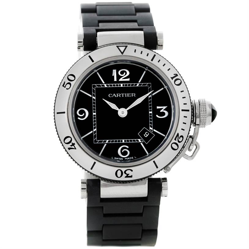This image shows a frontal view of the Cartier Pasha W3140003 Women's Stainless Steel Black Dial W3140003 Women's Stainless Steel Black Dial watch, featuring its black dial, bezel, and bracelet.