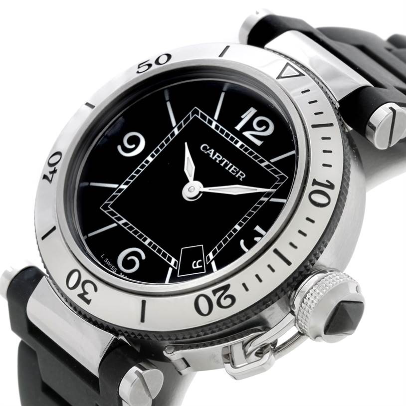 This is a close-up angled view of the Cartier Pasha W3140003 Women's Stainless Steel Black Dial W3140003 Women's Stainless Steel Black Dial watch, highlighting the bezel, crown, and part of the black strap.