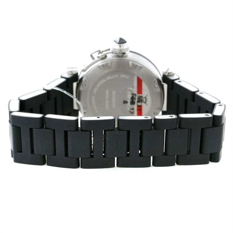 The image shows the back of a Cartier Pasha W3140003 Women's Stainless Steel Black Dial W3140003 Women's Stainless Steel Black Dial watch, focusing on its case back and black rubber bracelet.