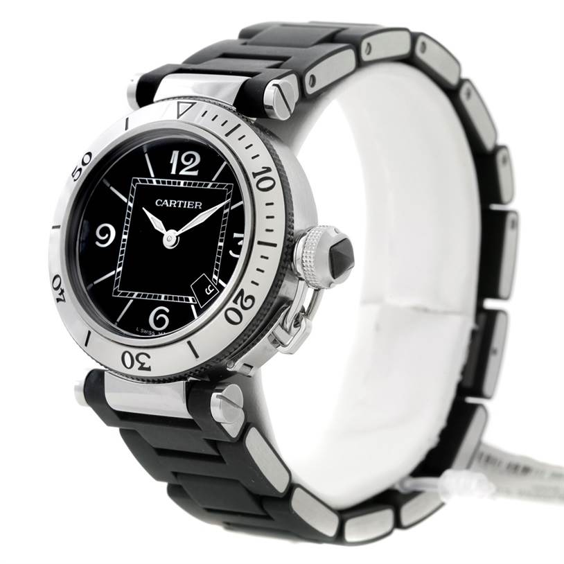 The image shows a Cartier Pasha W3140003 Women's Stainless Steel Black Dial W3140003 Women's Stainless Steel Black Dial watch at a slight angle, highlighting its face, bezel, and bracelet.