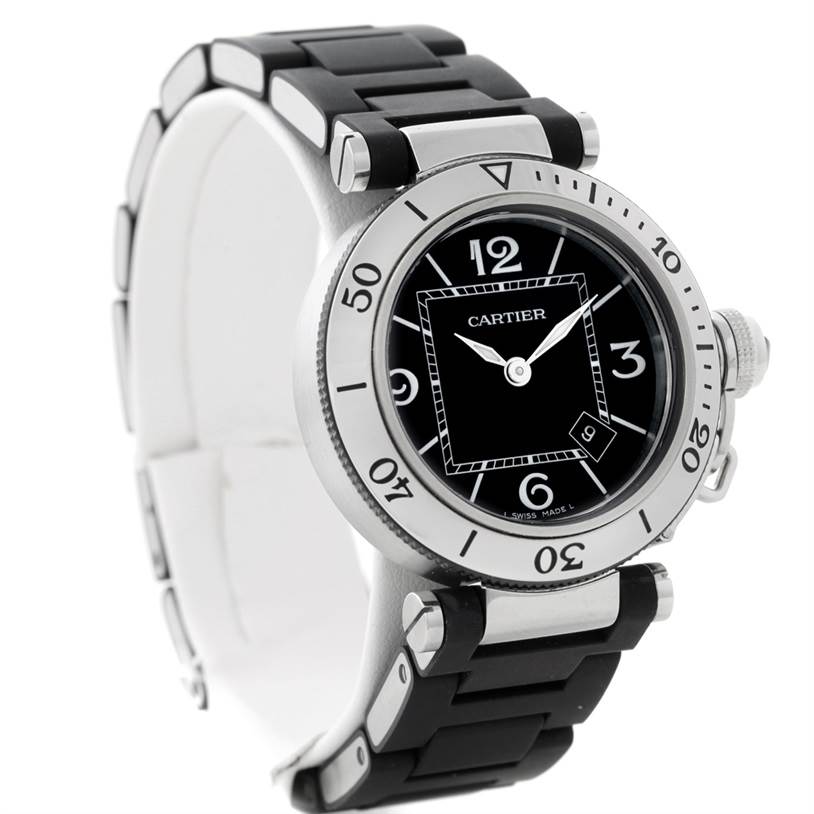 The Cartier Pasha W3140003 Women's Stainless Steel Black Dial W3140003 Women's Stainless Steel Black Dial watch is shown at a three-quarter angle, highlighting its black dial, bezel, and black strap.