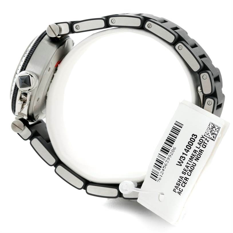 This side view image shows the bracelet and crown of the Cartier Pasha W3140003 Women's Stainless Steel Black Dial W3140003 Women's Stainless Steel Black Dial watch model.