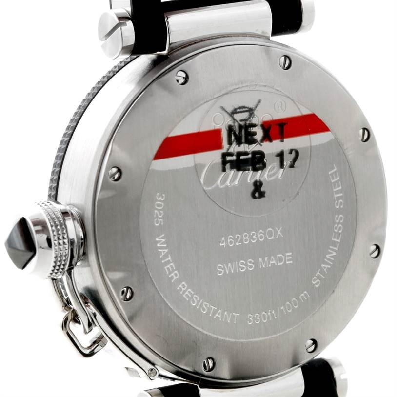 The image shows the back case and crown of a Cartier Pasha W3140003 Women's Stainless Steel Black Dial W3140003 Women's Stainless Steel Black Dial watch from an angled side view.