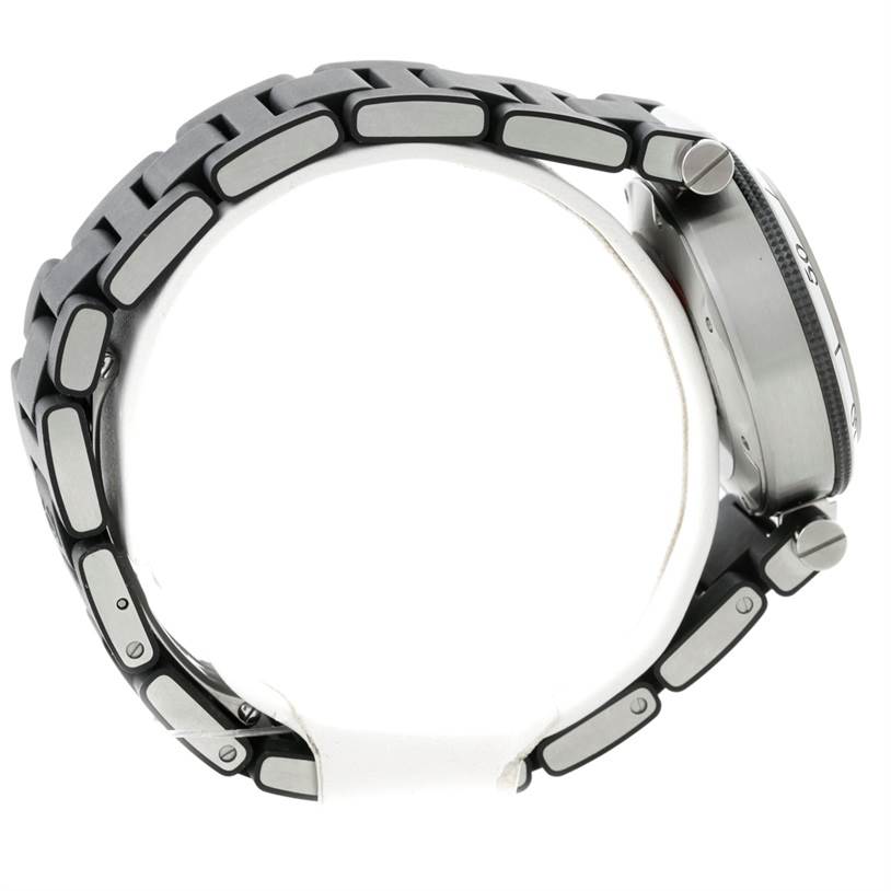 This image shows a side profile view of the Cartier Pasha W3140003 Women's Stainless Steel Black Dial W3140003 Women's Stainless Steel Black Dial watch, highlighting the band, case, and crown.