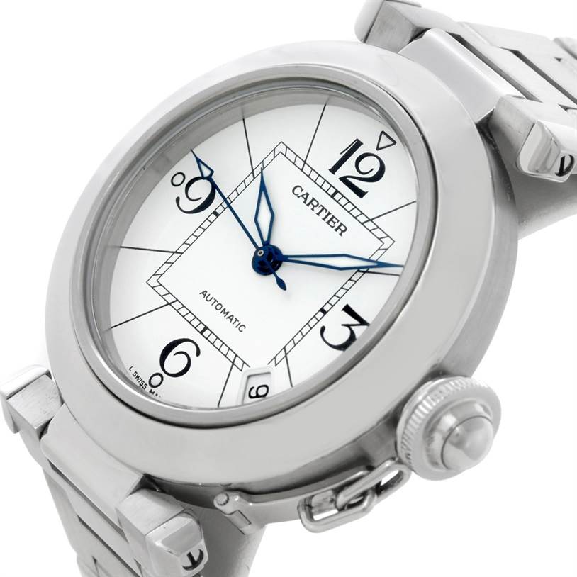 The Cartier Pasha W31074M7 Women's Stainless Steel White Dial W31074M7 Women's Stainless Steel White Dial watch is shown from a three-quarter angle, highlighting the dial, crown, and part of the bracelet.