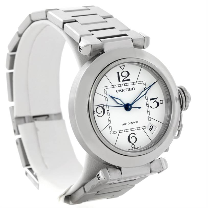 The Cartier Pasha W31074M7 Women's Stainless Steel White Dial W31074M7 Women's Stainless Steel White Dial watch is shown from a front angle, displaying the face, bracelet, and crown.