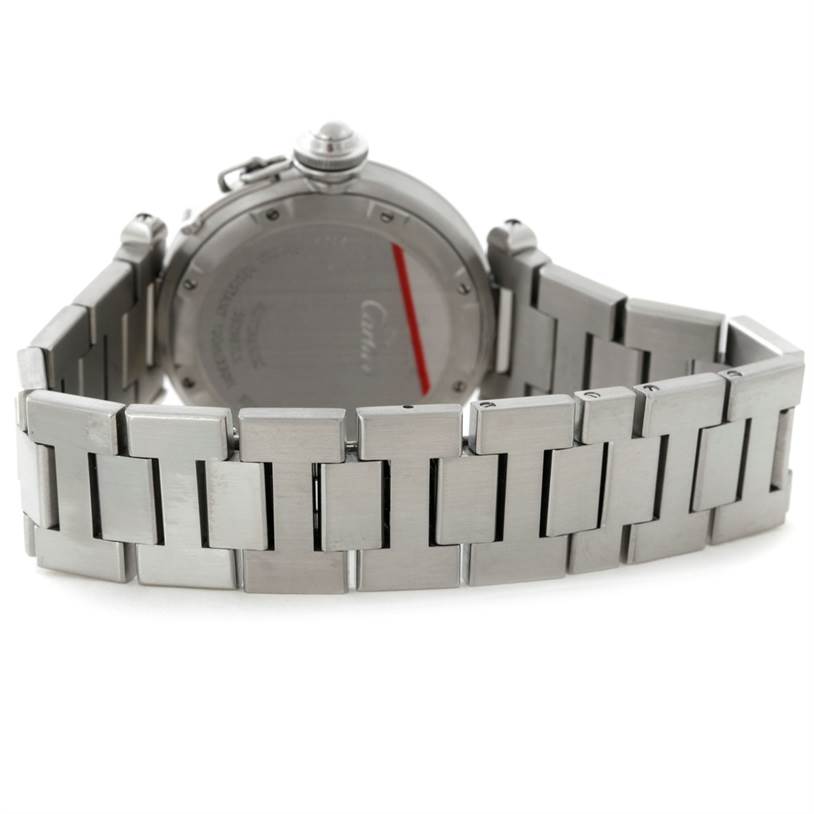 This image shows the underside and bracelet of a Cartier Pasha W31074M7 Women's Stainless Steel White Dial W31074M7 Women's Stainless Steel White Dial watch from the rear angle.