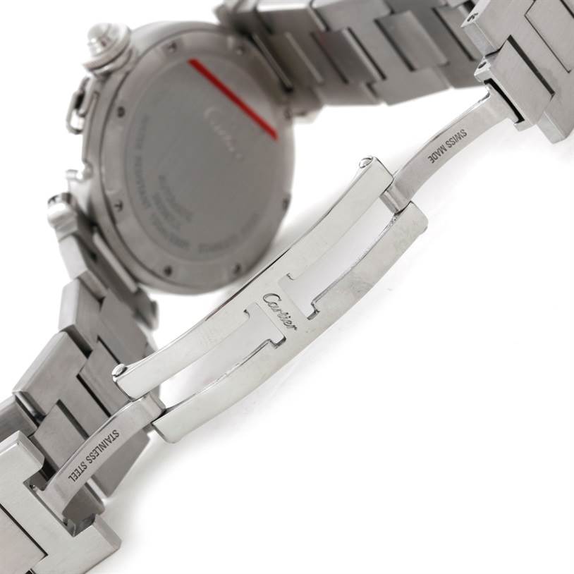 The image shows the back case, clasp, and bracelet of the Cartier Pasha W31074M7 Women's Stainless Steel White Dial W31074M7 Women's Stainless Steel White Dial watch.