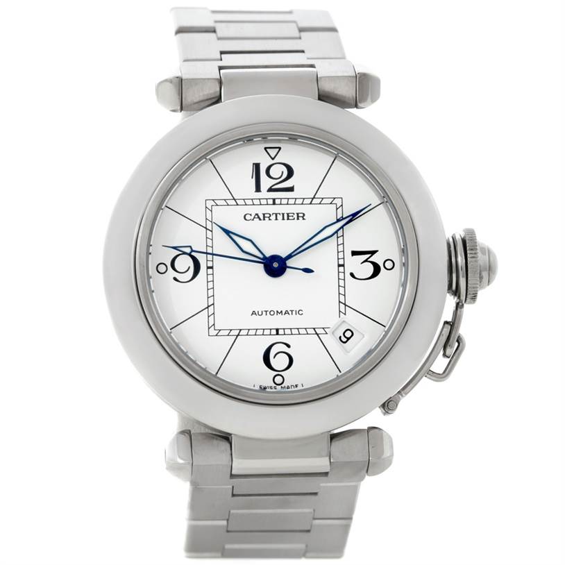 The image shows a Cartier Pasha W31074M7 Women's Stainless Steel White Dial W31074M7 Women's Stainless Steel White Dial model watch from a front angle, displaying the face, hands, bracelet, and crown.