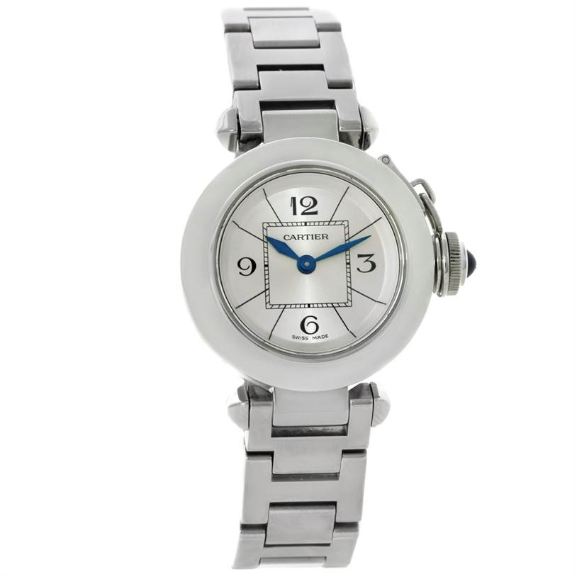 The image shows a frontal view of the Cartier Pasha W31043M7 Women
s Stainless Steel Silver Dial W31043M7 Women
s Stainless Steel Silver Dial watch, displaying the dial, bezel, crown, and bracelet.