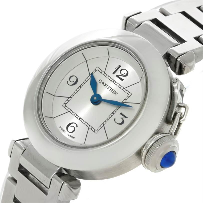 This image shows a close-up of the face, case, and part of the bracelet of a Cartier Pasha W31043M7 Women
s Stainless Steel Silver Dial W31043M7 Women
s Stainless Steel Silver Dial watch.