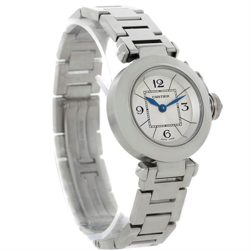 This image shows a side angle of a Cartier Pasha W31043M7 Women
s Stainless Steel Silver Dial W31043M7 Women
s Stainless Steel Silver Dial watch, highlighting its dial, bezel, and metal bracelet.