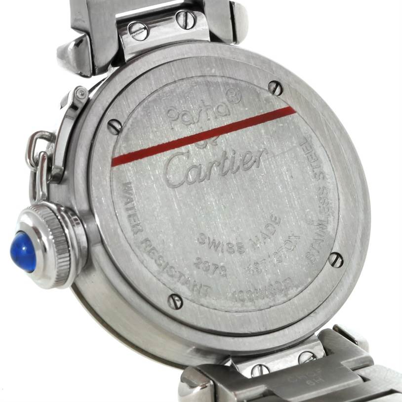 The image shows the back of a Cartier Pasha W31043M7 Women
s Stainless Steel Silver Dial W31043M7 Women
s Stainless Steel Silver Dial watch with details and part of the bracelet visible.