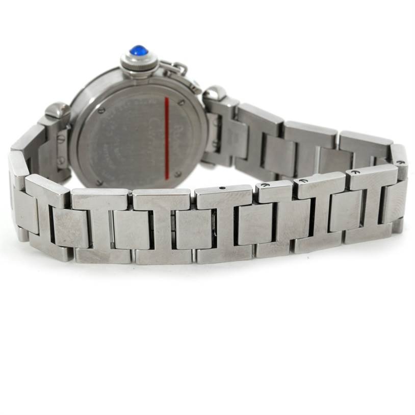 The Cartier Pasha W31043M7 Women
s Stainless Steel Silver Dial W31043M7 Women
s Stainless Steel Silver Dial watch is shown from the back, highlighting the bracelet and case back.
