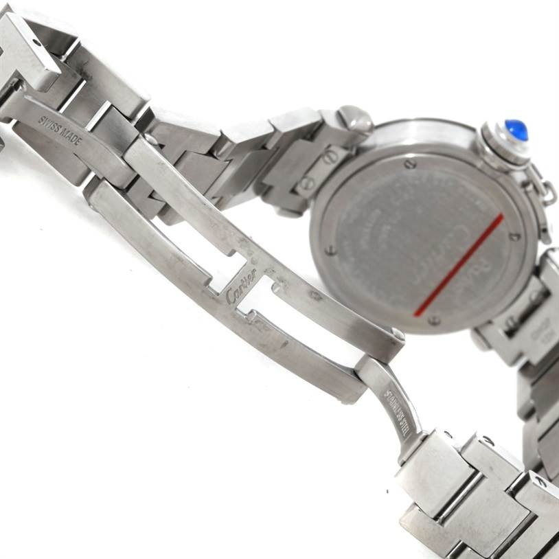 The image shows the back, clasp, and part of the bracelet of a Cartier Pasha W31043M7 Women
s Stainless Steel Silver Dial W31043M7 Women
s Stainless Steel Silver Dial watch.