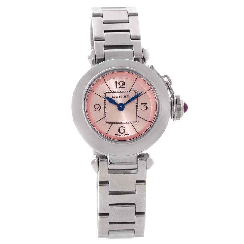 This image shows a frontal view of a Cartier Pasha W3140008 Women
s Stainless Steel Pink Dial W3140008 Women
s Stainless Steel Pink Dial watch, clearly displaying its round pink dial and metal bracelet.