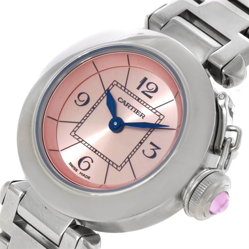 The Cartier Pasha W3140008 Women
s Stainless Steel Pink Dial W3140008 Women
s Stainless Steel Pink Dial watch is shown from an oblique angle, highlighting its pink dial, blue hands, and part of the silver bracelet.