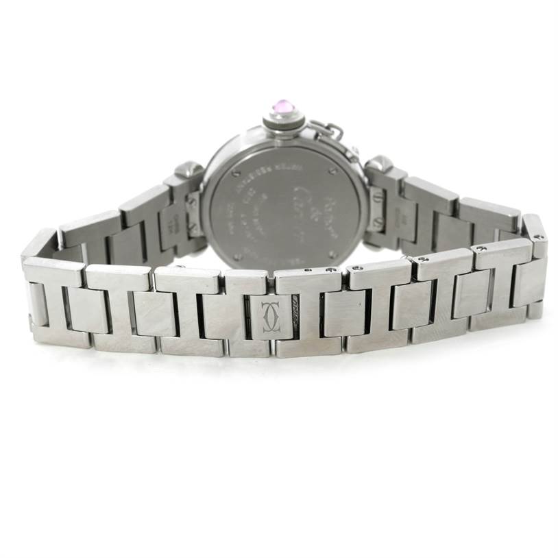The image shows the back view of a Cartier Pasha W3140008 Women
s Stainless Steel Pink Dial W3140008 Women
s Stainless Steel Pink Dial watch, focusing on its stainless steel bracelet and case back.