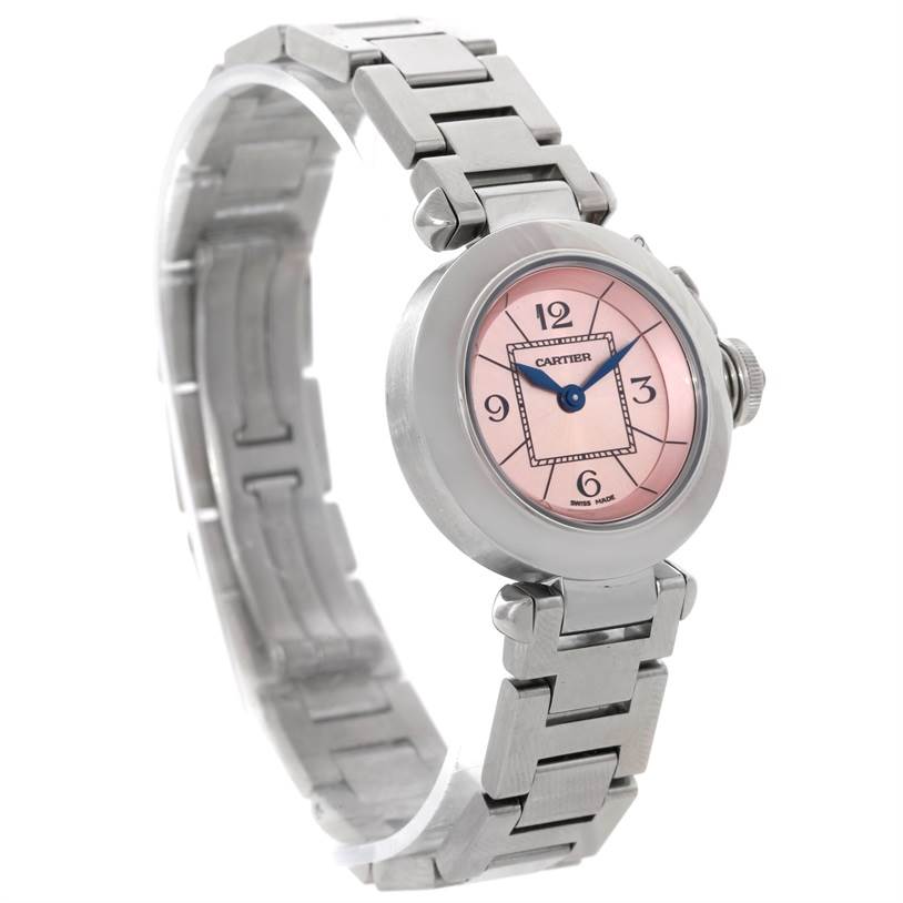 The image shows a Cartier Pasha W3140008 Women
s Stainless Steel Pink Dial W3140008 Women
s Stainless Steel Pink Dial watch at a slight angle, displaying its pink dial, metallic bracelet, and crown.