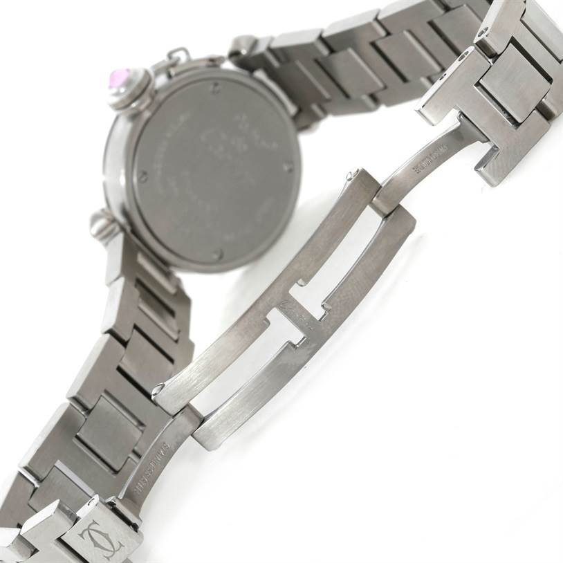 The image shows the back and partially the bracelet clasp of the Cartier Pasha W3140008 Women
s Stainless Steel Pink Dial W3140008 Women
s Stainless Steel Pink Dial watch, highlighting its stainless steel links and deployment clasp.