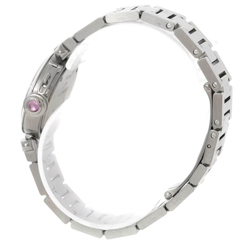The image shows a side view of the Cartier Pasha W3140008 Women
s Stainless Steel Pink Dial W3140008 Women
s Stainless Steel Pink Dial watch, highlighting its band, crown, and case.