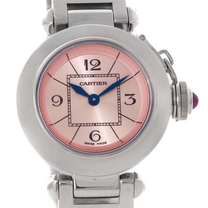 The Cartier Pasha W3140008 Women
s Stainless Steel Pink Dial W3140008 Women
s Stainless Steel Pink Dial watch is shown from the front, highlighting the dial, case, crown, and part of the bracelet.