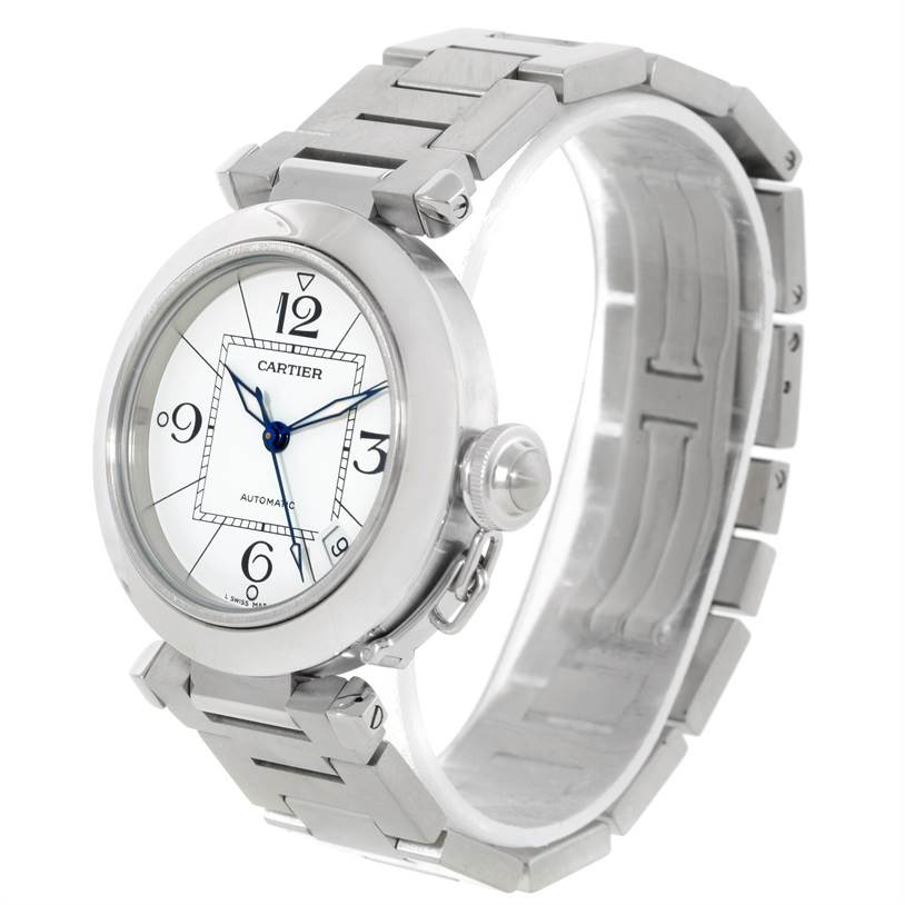 The image shows a Cartier Pasha W31074M7 Women's Stainless Steel White Dial W31074M7 Women's Stainless Steel White Dial watch angled from the front-left, highlighting the face, crown, and metal bracelet.