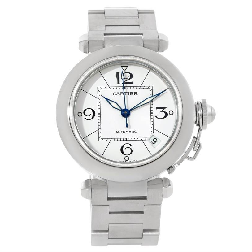 The Cartier Pasha W31074M7 Women's Stainless Steel White Dial W31074M7 Women's Stainless Steel White Dial watch is shown from the front, displaying the dial, bracelet, crown, and lugs.