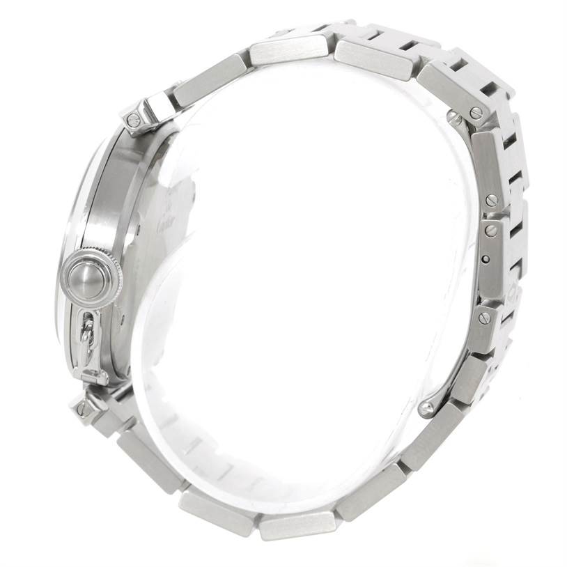 This image shows a side view of a Cartier Pasha W31074M7 Women's Stainless Steel White Dial W31074M7 Women's Stainless Steel White Dial watch, highlighting its crown and metal bracelet.