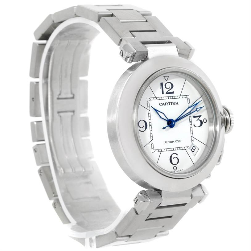 This Cartier Pasha W31074M7 Women's Stainless Steel White Dial W31074M7 Women's Stainless Steel White Dial watch is shown at a slight angle displaying its face, bezel, and metal bracelet.