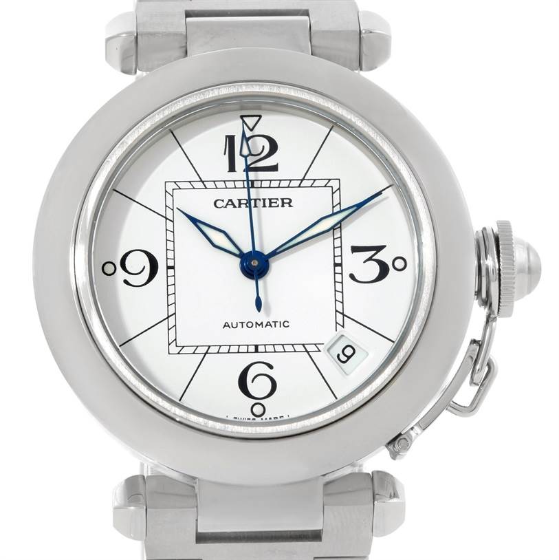 This image shows a front view of the Cartier Pasha W31074M7 Women's Stainless Steel White Dial W31074M7 Women's Stainless Steel White Dial watch, highlighting the dial, hands, case, and part of the bracelet.