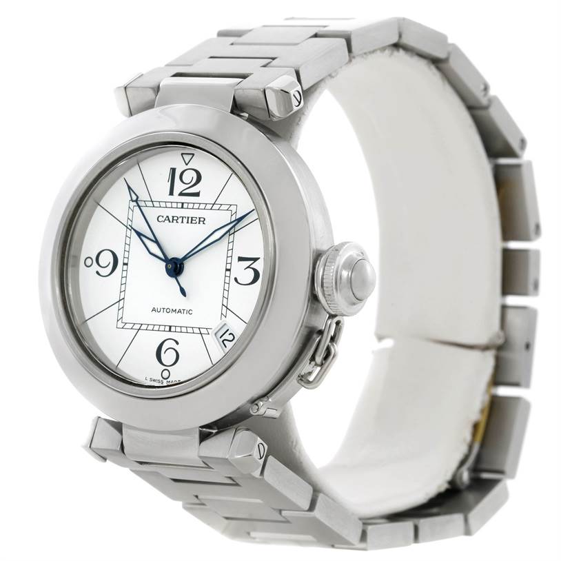 The Cartier Pasha W31074M7 Women's Stainless Steel White Dial W31074M7 Women's Stainless Steel White Dial watch is shown from a side angle, highlighting its dial, bezel, crown, and stainless steel bracelet.