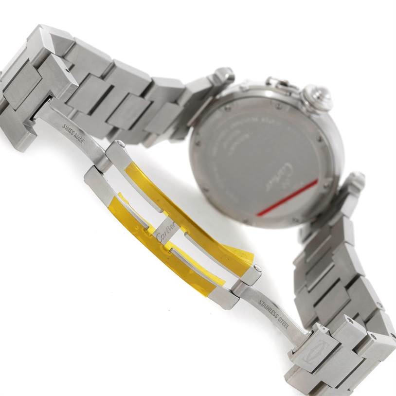 This image shows the back case and stainless steel bracelet of a Cartier Pasha W31074M7 Women's Stainless Steel White Dial W31074M7 Women's Stainless Steel White Dial watch, including the deployment clasp.