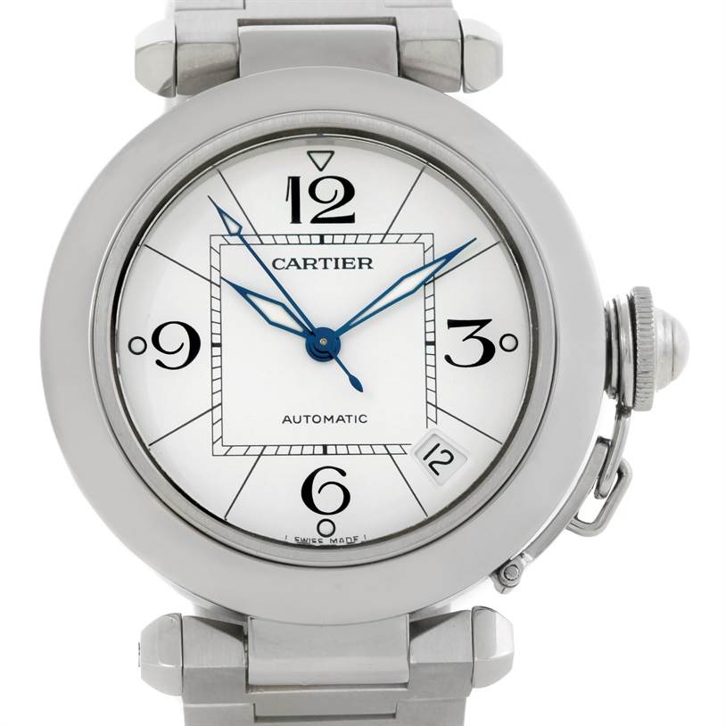 The image shows a front view of the Cartier Pasha W31074M7 Women's Stainless Steel White Dial W31074M7 Women's Stainless Steel White Dial watch, highlighting its dial, hands, crown, and part of the bracelet.