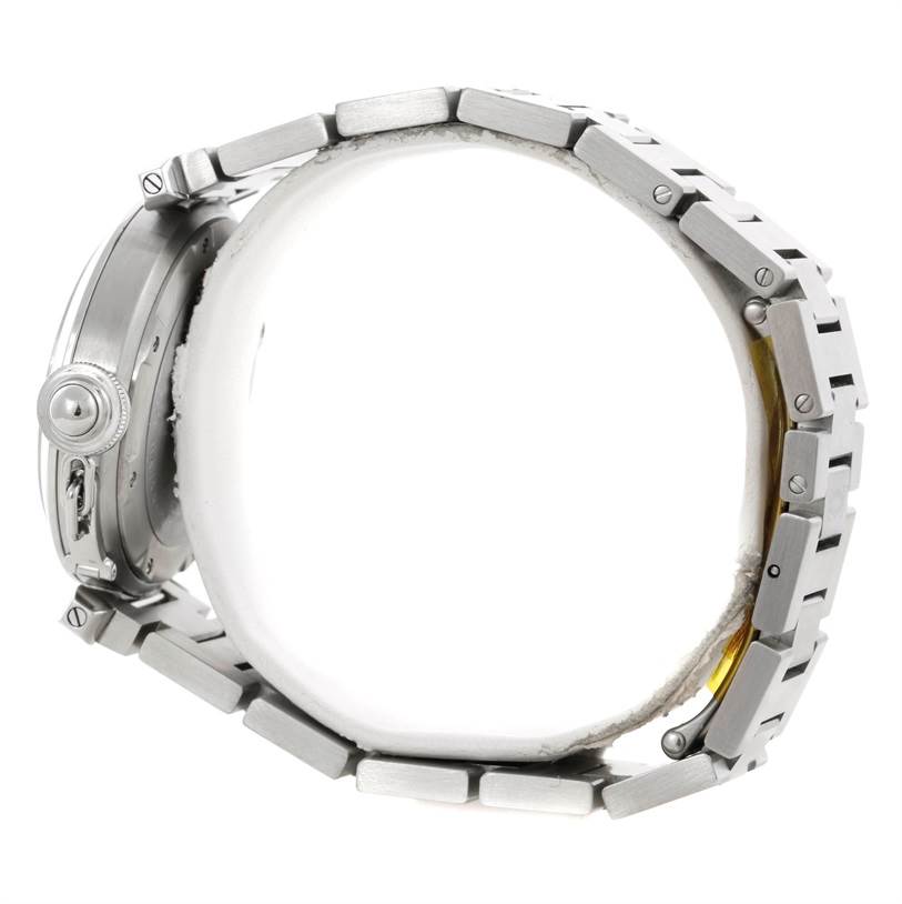 The image shows a side view of the Cartier Pasha W31074M7 Women's Stainless Steel White Dial W31074M7 Women's Stainless Steel White Dial watch focusing on the crown and bracelet links.