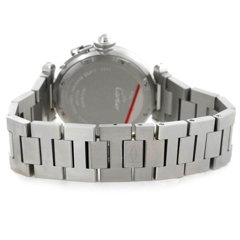 This image shows the back view of a Cartier Pasha W31074M7 Women's Stainless Steel White Dial W31074M7 Women's Stainless Steel White Dial model watch, focusing on the watch case and metal bracelet.