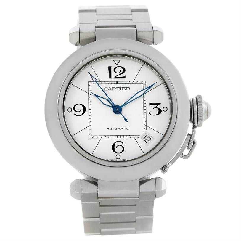 This image shows a front view of the Cartier Pasha W31074M7 Women's Stainless Steel White Dial W31074M7 Women's Stainless Steel White Dial watch, highlighting its face, blue hands, and metal bracelet.
