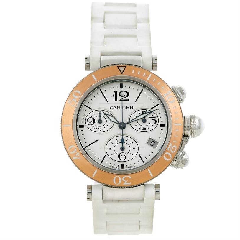 This image shows a frontal view of the Cartier Pasha W3140004 Stainless Steel Silver Dial W3140004 Stainless Steel Silver Dial model watch, highlighting its face, bezel, and chronograph subdials.