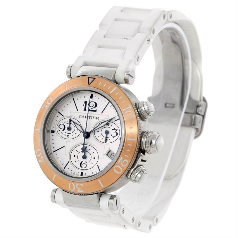 The image shows a side and top view of the Cartier Pasha W3140004 Stainless Steel Silver Dial W3140004 Stainless Steel Silver Dial model watch, highlighting its face, bezel, and white strap.