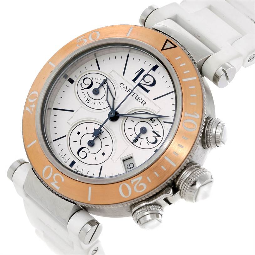 The Cartier Pasha W3140004 Stainless Steel Silver Dial W3140004 Stainless Steel Silver Dial watch is viewed from a front angle, showing its dial, bezel, subdials, and side buttons.