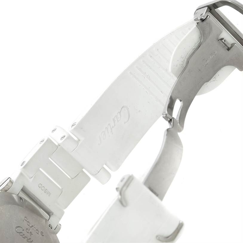 This image shows the partially opened clasp and strap of a Cartier Pasha W3140004 Stainless Steel Silver Dial W3140004 Stainless Steel Silver Dial watch from a close-up angle.