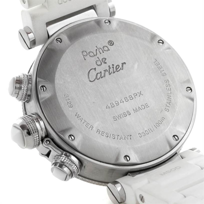 The image shows the back case and side buttons of a Cartier Pasha W3140004 Stainless Steel Silver Dial W3140004 Stainless Steel Silver Dial watch.