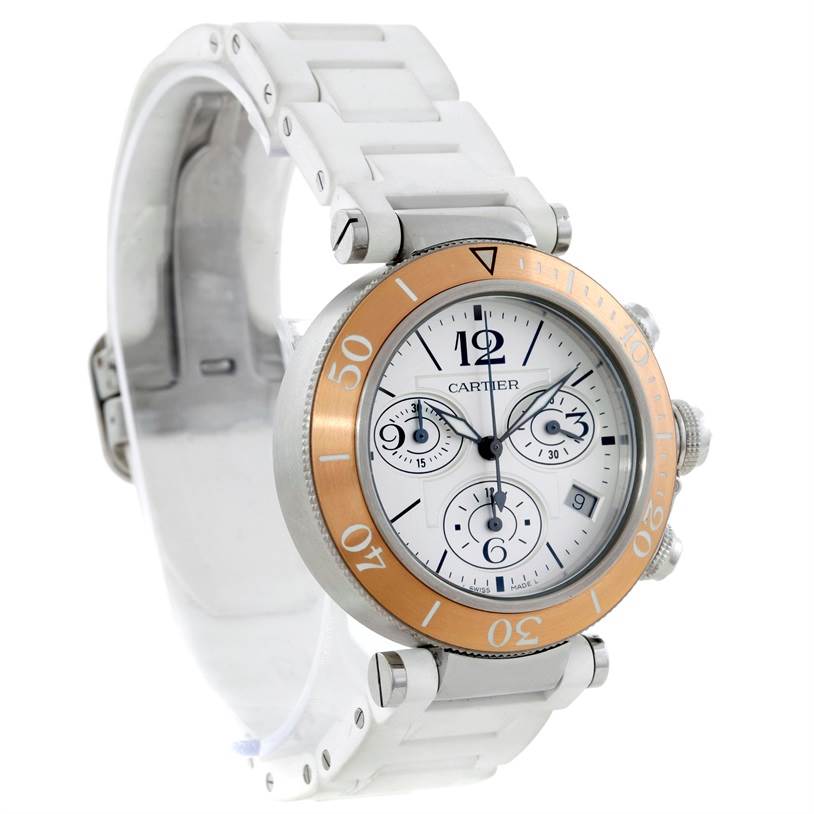 The Cartier Pasha W3140004 Stainless Steel Silver Dial W3140004 Stainless Steel Silver Dial watch is shown from a three-quarter angle, displaying its face, chronograph dials, bezel, and white bracelet.